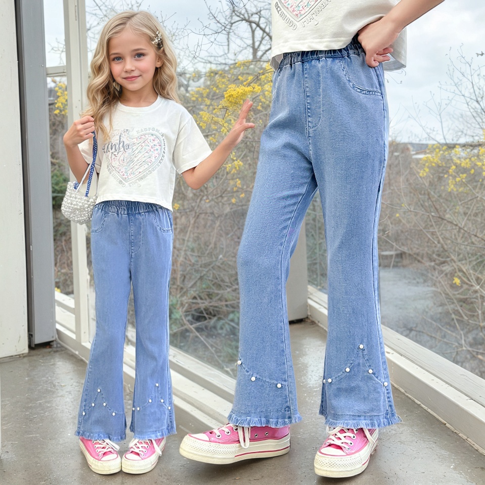 Girls' summer nailed pearls and tiny flared pants thin 2025 new product fashionable and versatile medium and large children's w