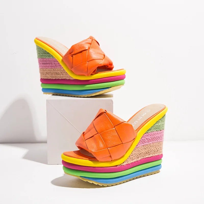 Lady Straw Heel Slippers 2022 Summer colorful Outdoor Party Dress Women Platform Wedges Slip on Brand Shoes Woman |
