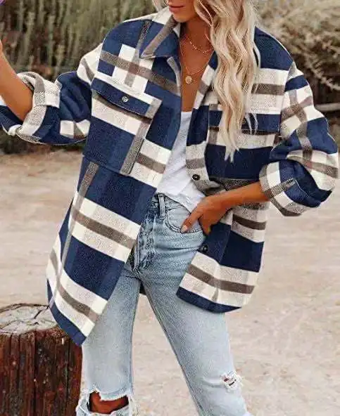 Fashion Long-sleeved Loose Plaid Shirt Woolen Coat Women\'s Autumn Winter Thickening Casual Loose Pocket Shirt Coat Top Women