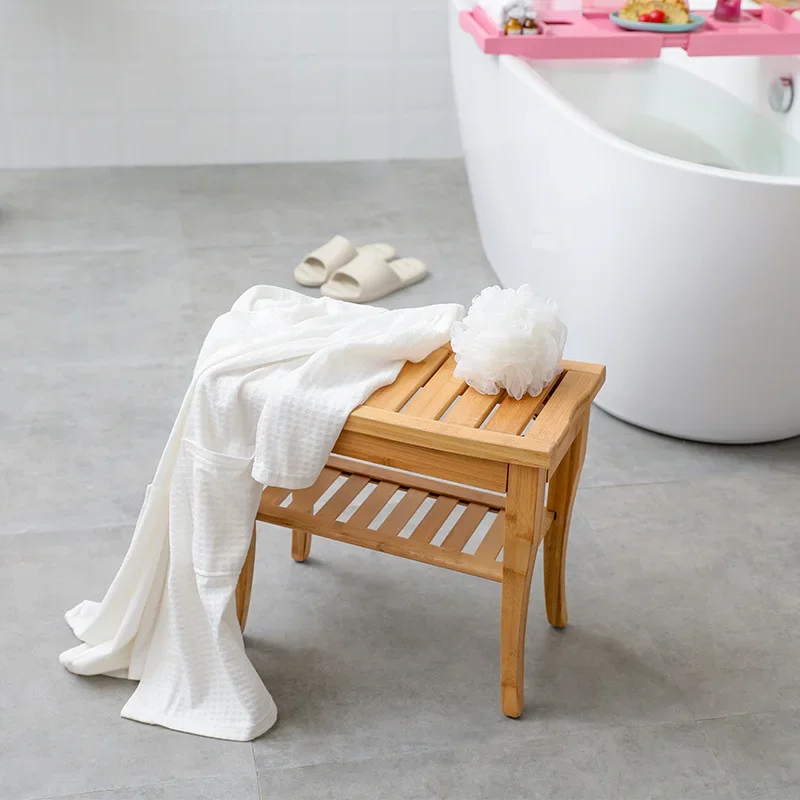 Bamboo Bathroom Stool Stable Shoe Bench Heavy-Duty Shower Organizer Multi-Purpose Bath Bench for Home Use