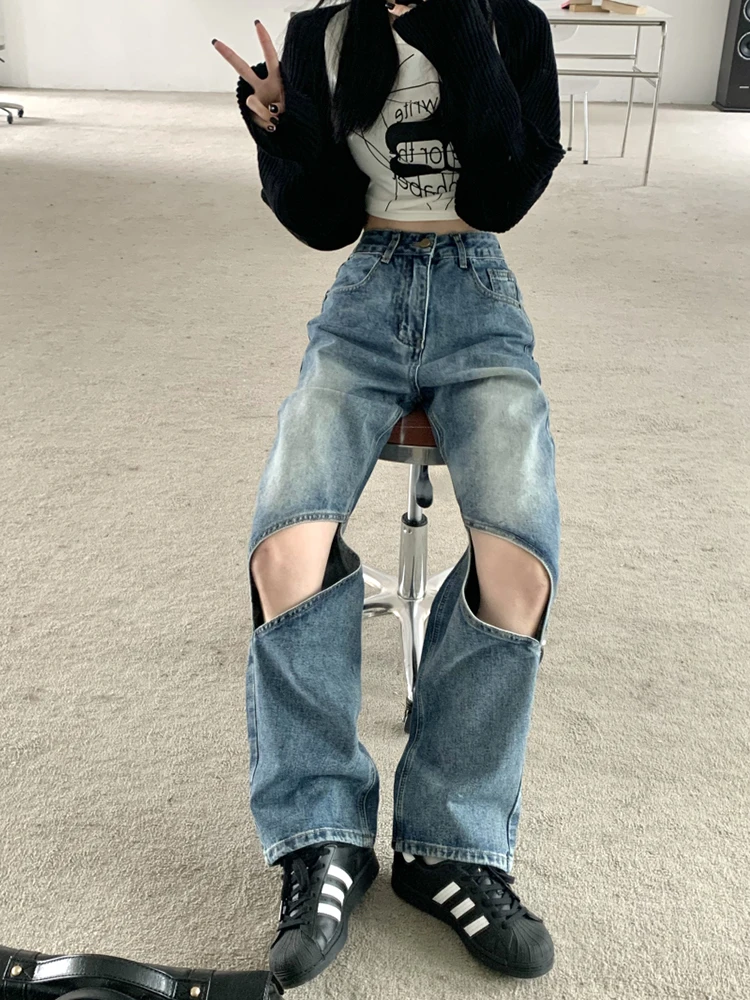 Vintage Holes Streetwear Blue High Waist Women Jeans American Fashion Streetwear Wide Leg Denim Trousers Baggy Denim Pants