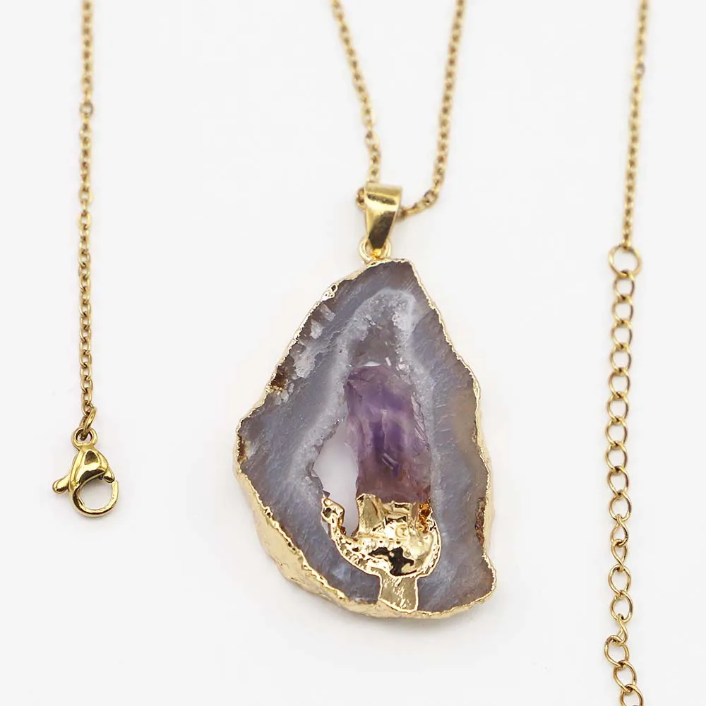 Natural Stone Irregular Agate Necklaces Druzy Amethyst Stainless Steel Chain Pendants Energy Healing Chakra Halo Fashion Jewelry