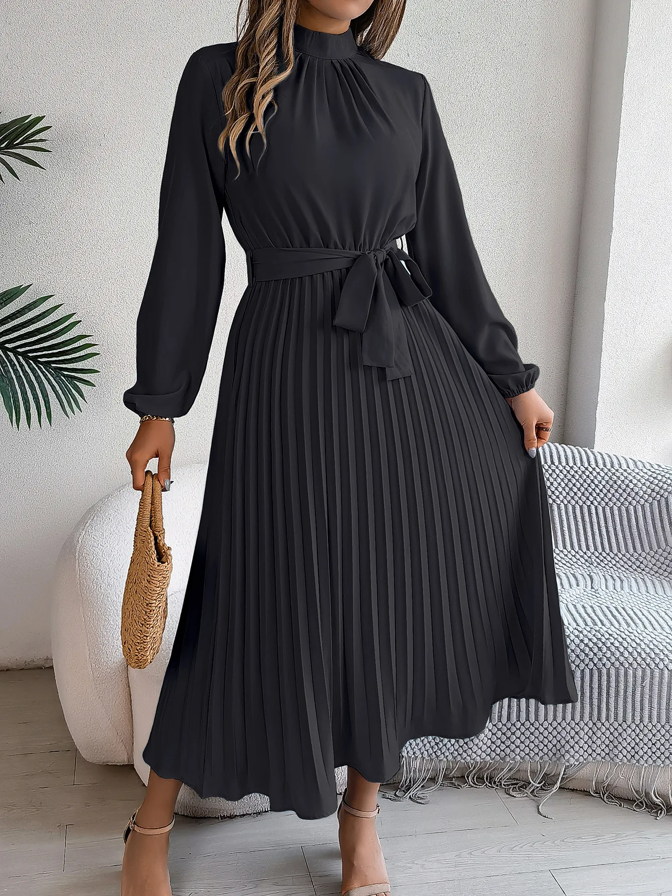 Solid Stand up Collar Bridesmaid Dress Spring Summer Casual Elegant Long Sleeve Waist Cinched Pleated Long Dresses for Women