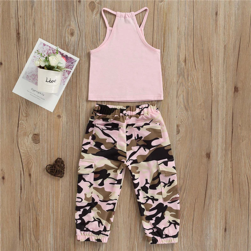 Kid Girls Long Pants Outfits Sleeveless Letter Print Sling Tank Tops+Elastic Waist Camouflage Pattern Pockets Pants Set 1-6Years