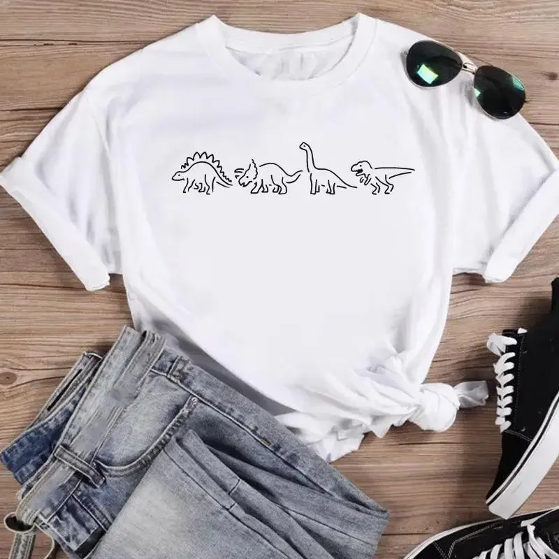 thumbnail image 1 of Camiseta de manga corta con estampado de dinosaurio para mujer, ropa con estampado de dibujos animados de los años 90, con cuello redondo, 1 of 4