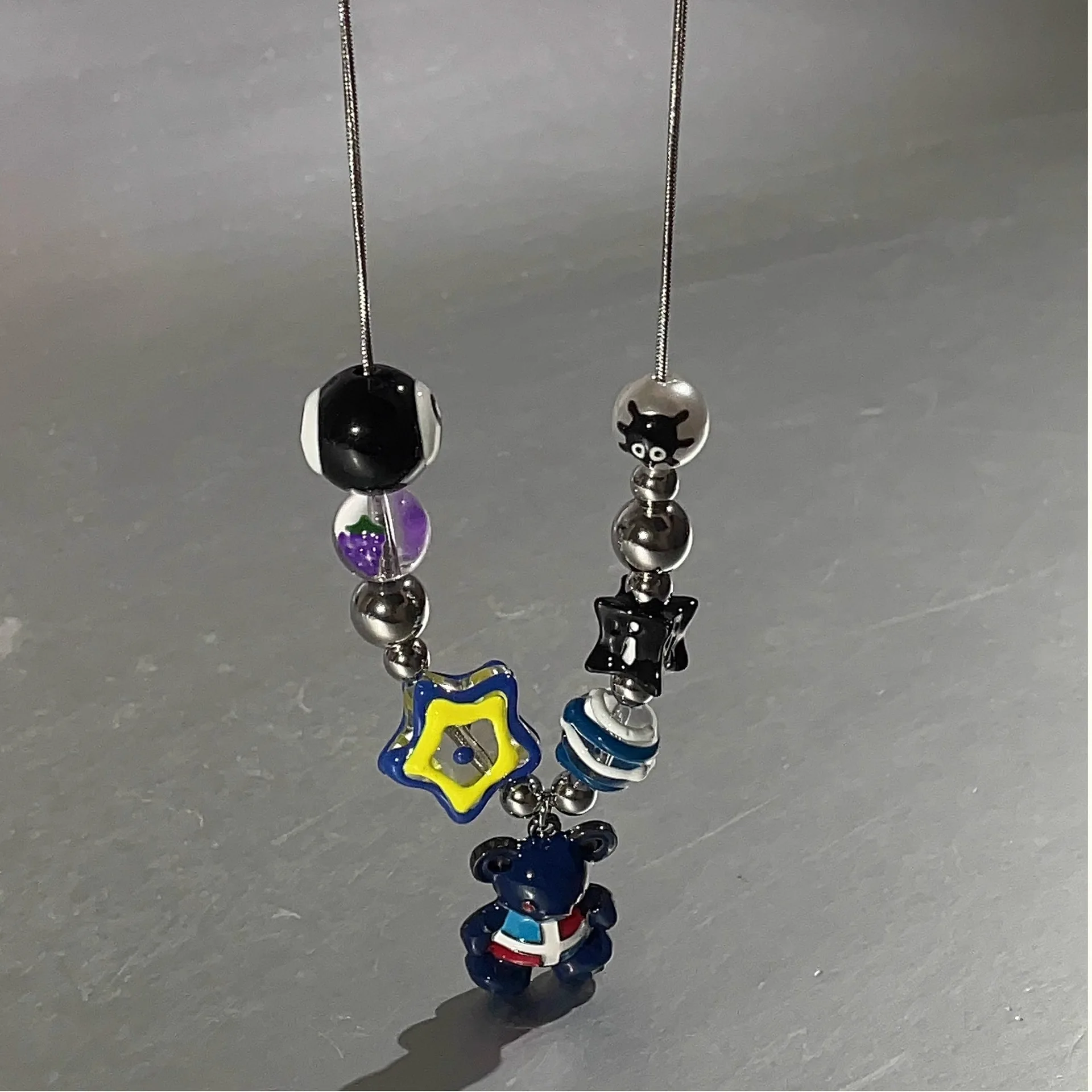 

YOUNGX Y2K Lovely Blue Color Bear Necklace Trendy Dopamine Stainless Steel Handmade Beaded Choker For Women Jewelry Gift
