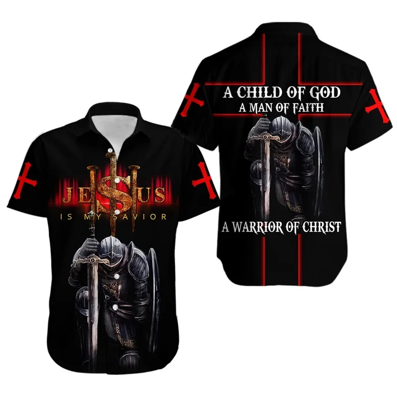 thumbnail image 1 of Camisetas americanas de una nación bajo Dios para hombre, camisetas hawaianas con botones de manga corta y estampado 3D de la bandera patriótica de Jesús, 1 of 5