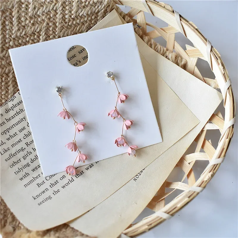 Dangle Earrings Bohemian Long Tassel Pink Flowers Rhinestone Earrings For Women