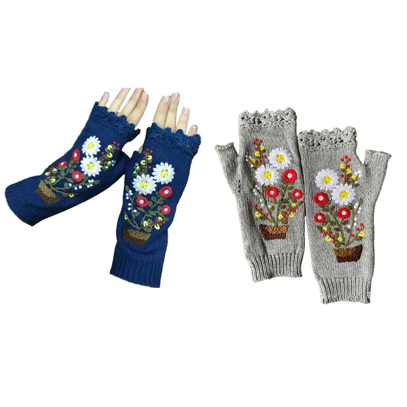 

Stretchy Hand Warmers Soft Knitted Mitten Fingerless Gloves Embroidered Flowers Gloves Wrist Length Glove Arm Warmer