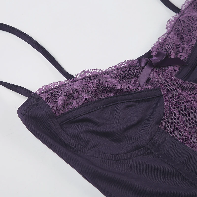 Lace Trim Bow Halter Rompers Women Sexy Hotsweet Fashion Patchwork Purple Bodysuit s Trendy New