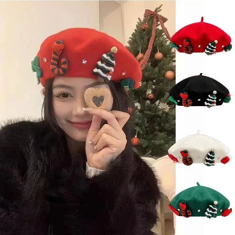

New Christmas Beret Vintage Red Hat Female Winter Bow Xmas Tree Beret Warm Student Cap Painter Hats for Women NEW 2024