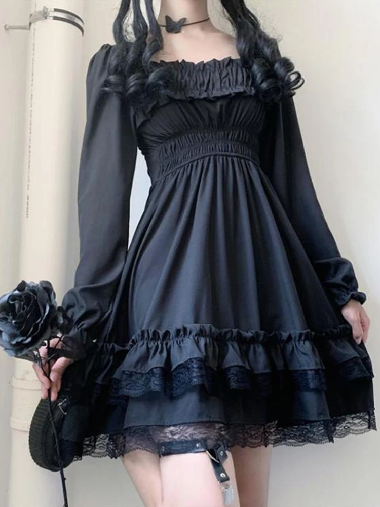 

Lolita Gothic Black Corset Dress Women Vintage Lace Patchwork Ruched Aesthetic High Waist Dress Punk Party A-LINE Dress