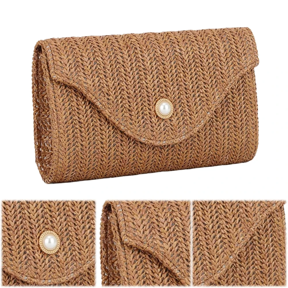 Straw Clutch Purses for Women Pearl Evening Bag Small Beach Woven Purse and Handbags Female Chain Strap Shoulder Crossbody Bags