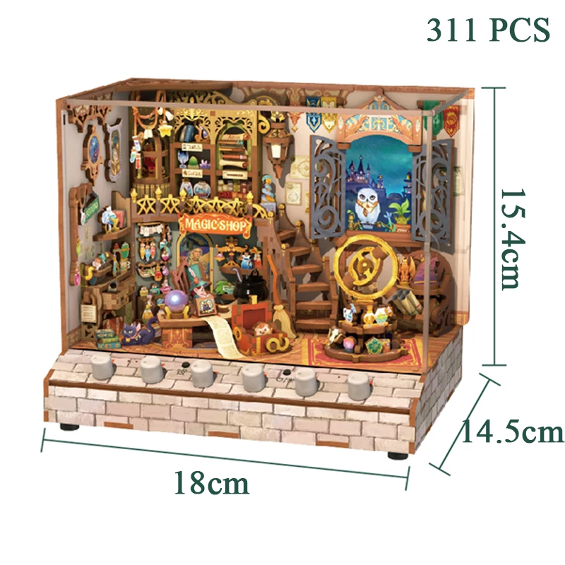 DIY Wooden Doll Houses Magic Shop Casa Miniature Building Kits with Music Sound USB Power Dollhouse for Girls Birthday Gifts 6