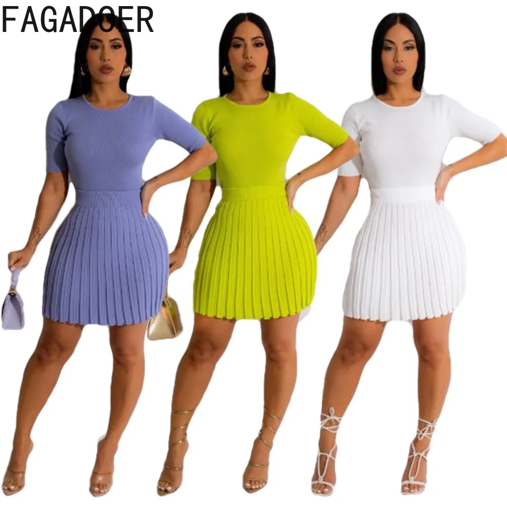 FAGADOER Knitted Pleated Two Piece Set Women Elegant Solid Slim Top and Mini Skirt Sets Ladies Office Street Outfits Autumn 2023