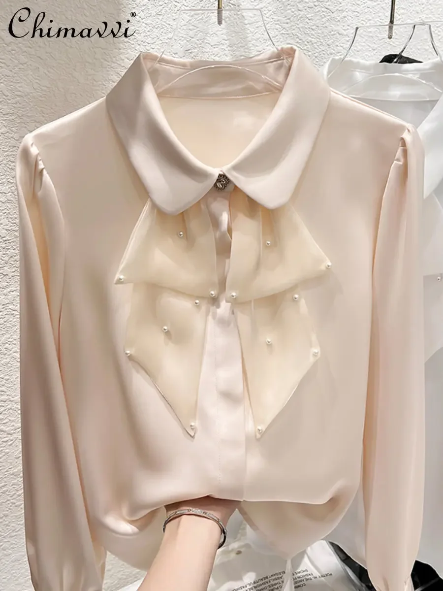 Sweet Commuter Long Sleeve Chiffon Blouse Top 2023 Spring Summer New Korean Style Lapel Ruffled Bead Stitching Shirt for Women luxury women suits 3 pieces one button formal blazer pants vest feather bead peaked lapel plus size tailored mother of the bride