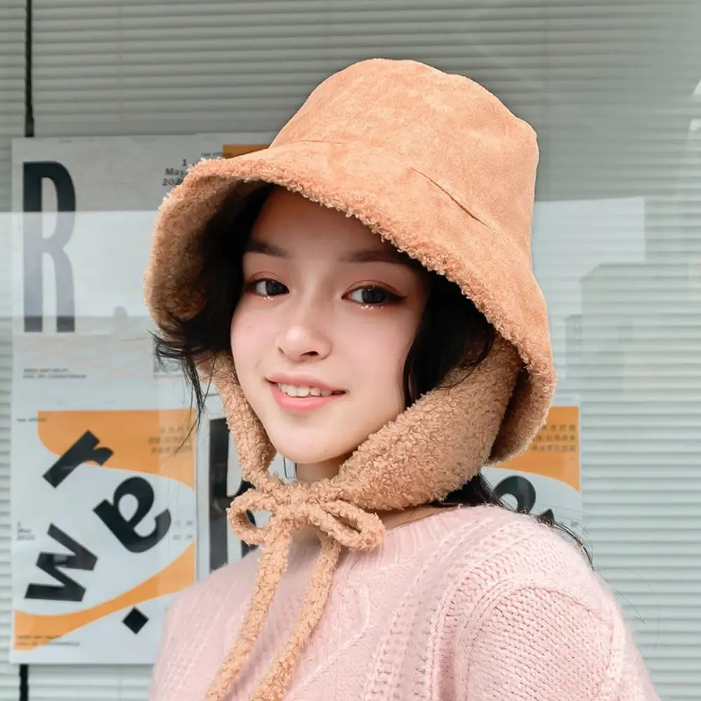 

Color Lamb Wool Outdoor Sunscreen Cap Foldable Lamb Fur Cap Fisherman Hat Autumn Winter Panama Hat Korean Style Cap