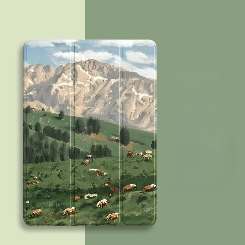 Green Cattle and Horses in the Mountains - Protective iPad Case