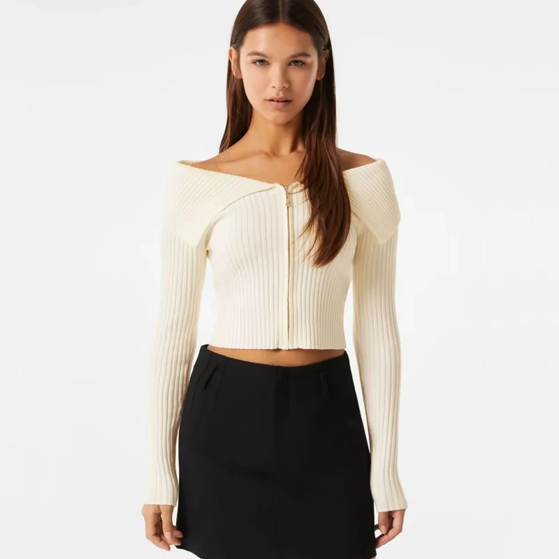 Women Zip Through Rib Cardigan With Collar - AliExpress
