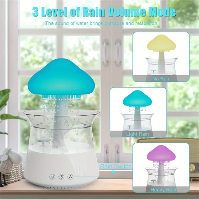 7-Colour Variable Cloud and Rain Humidifier with Remote Control - Vaporizer Humidification, Water Drop, Waterfall Light, Mushroo 2
