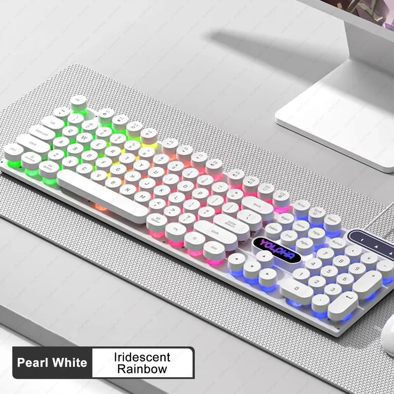 104keys Wired Keyboard QWERTY Layout Membrane Rainbow Backlight RGB Punk Retro Keyboard Gaming for Office PC Study