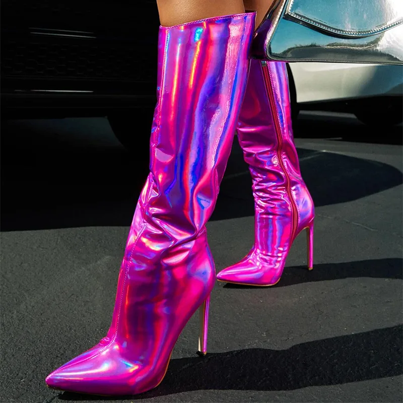 

Thigh High Boots Candy Color Mirror Leather Women Knee High Boots High Heels Stilettos Runway Shoes for Women High Heel Boots