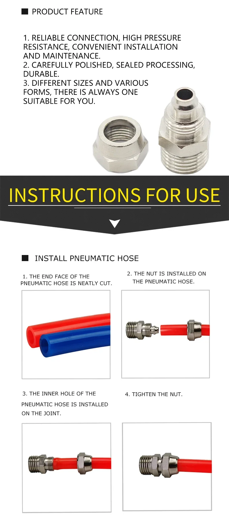 Description Picture 4 of item10PCS OD 4/6/8/10/12mm Hose Tube M5/1/8''/ 1/4'' 3/8'' 1/2'' Thread Pneumatic Fast twist Fittings Quick Joint Coupler Connector