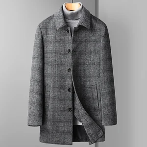 Top Winter Men's Thick Warm Woolen Coat Business Casual Grey Plaid Overcoat Duck Down Windbreaker Outwear Mid-Length Wool Jacket