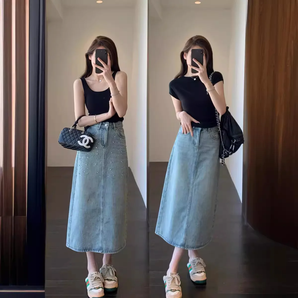 

2024 Summer New High Waist Split Denim Half length Skirt for Women's Mid length Covering Crotch A-line Small Figure Wrapped Hip