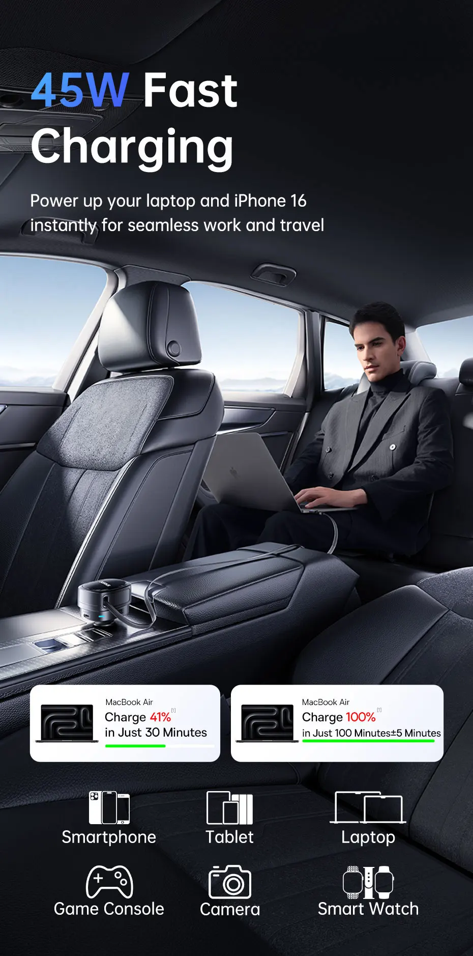 60W Car Charger 45W Retractable Cable 3 Ports Fast Charging 180° Rotating Car Ph