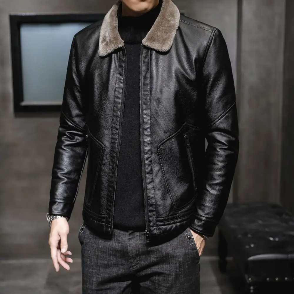 

2023 Winter New Fashion Trends Men's Plush and Thick Fur Collar Leather Jacket Fur Integrated Lapel Overcoat