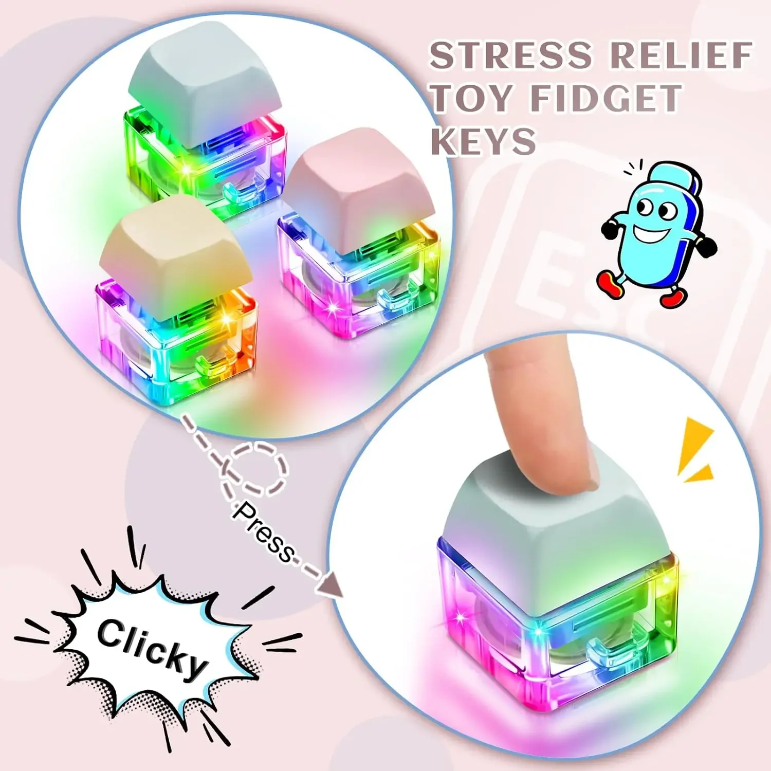 LED 키보드 열쇠 고리 장난감 스트레스 릴리프 DIY Fidget 버튼 Keycap Fidget 키 체인 키보드 열쇠 고리 손가락 키보드 모자 장난감