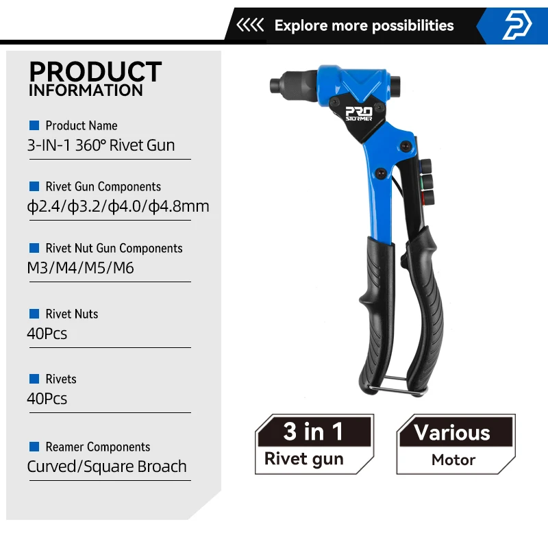 Rivet Gun rivet nut tool rivet gun set 3 in 1 Hand Threaded Rivet Nuts Guns Riveter of Sleeve Nuts Rivnut Tool For Auto M3/M4/M5/M6/M8/M10 Multi Reaming By PROSTORMER