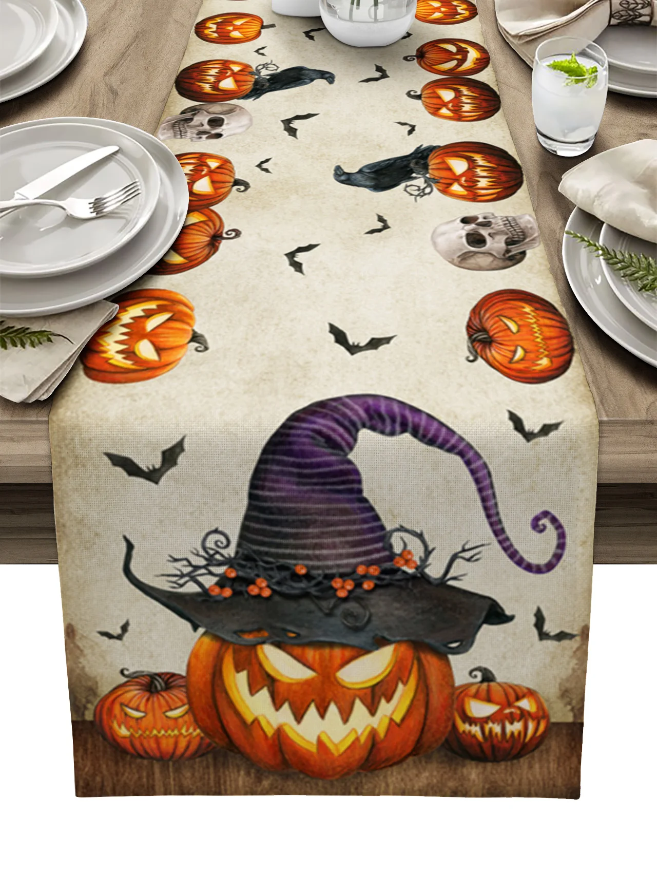 

Halloween Pumpkin Bat Linen Dining Table Runner Wedding Decor Table Runner for Dining Table Christmas Decoration Washable