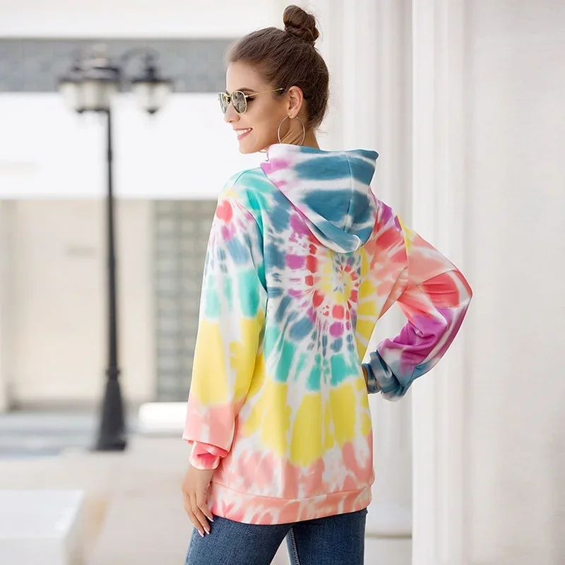Tie-Dye Pullovers Women Multicolors Printed Draw String Sweatshirts 2024 Spring Fall Fashion Hoodies Simple Streetwear Oversized