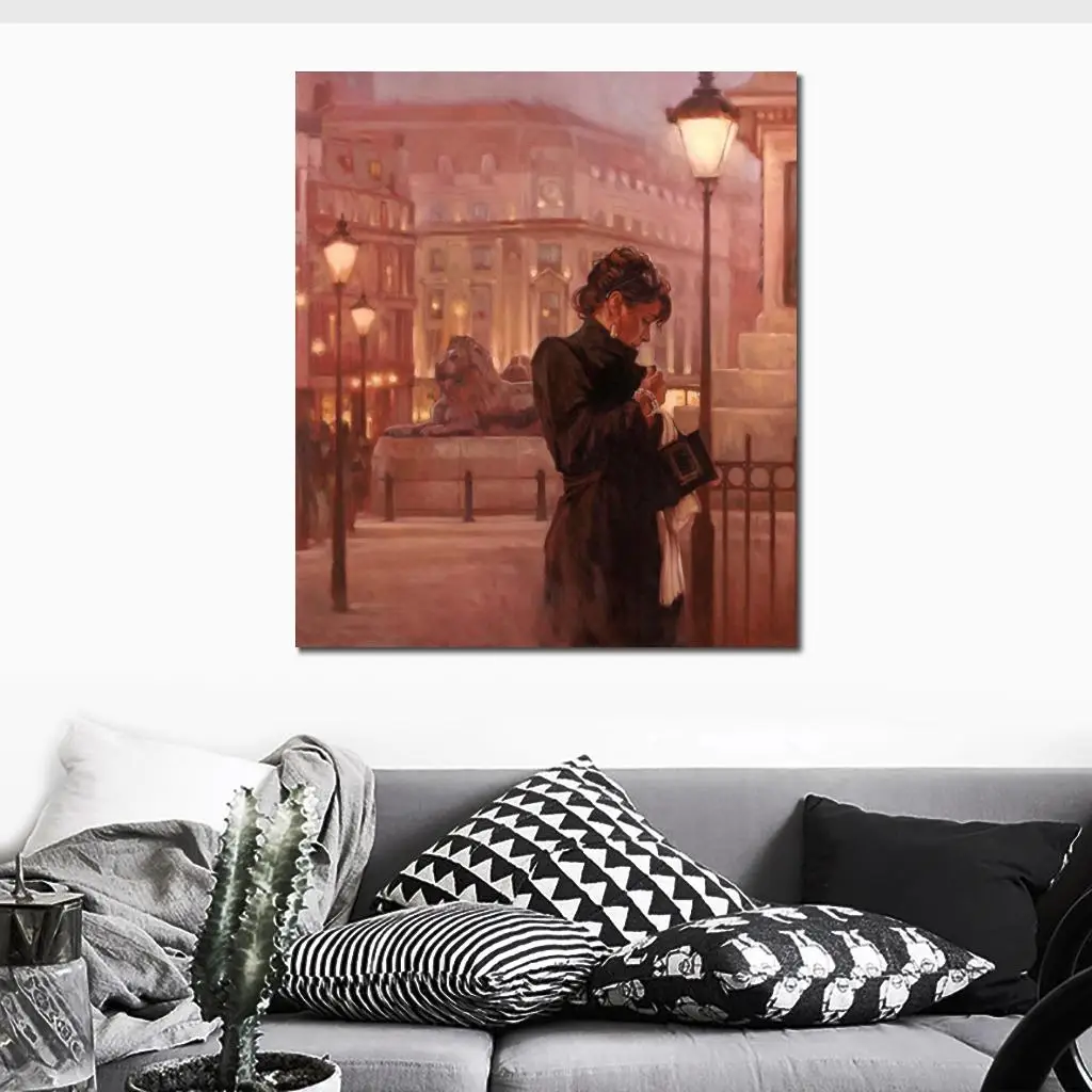 

Cityscape Canvas Art Oil Paintings for Hallway Standing Lady Handmade Landscape Artwork Modern High Quality
