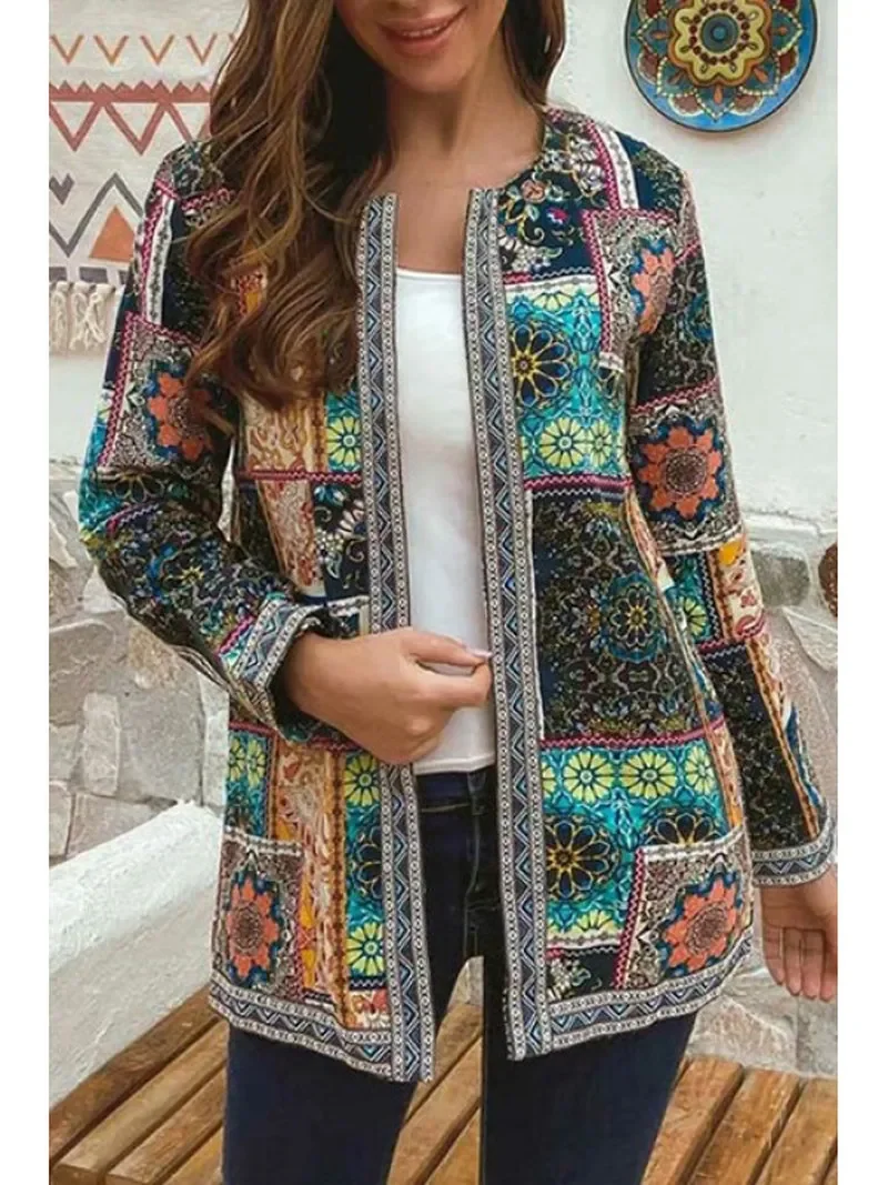 Women's Jackets 2024 Ethnic Printed Cardigan Thin Coats Casual Vintage Blusas Open Stich Long Sleeve Overcoats Plus Size M-4XL