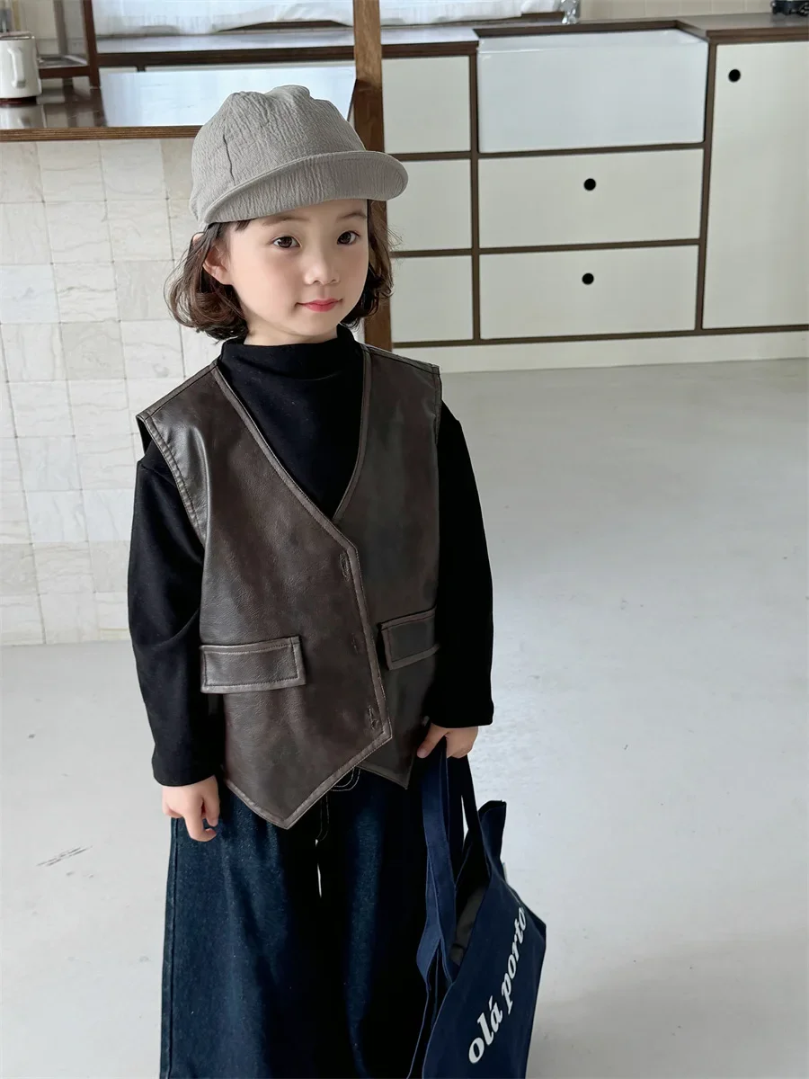 아동복 키즈 코트 2026 가을 신상 무지 가죽 조끼  남아 여아 패셔너블 가죽 코트 키즈 조끼