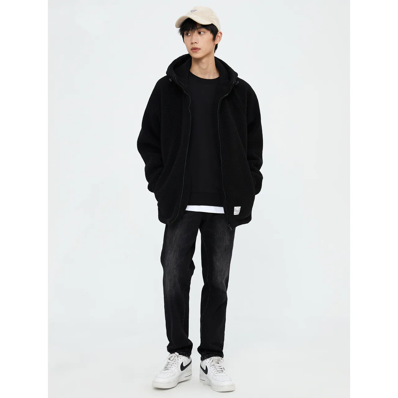 Metersbonwe Hooded Loose Lamb Wool Coat For Men Solid Color Back Printed Autumn Winter Warm Outwear