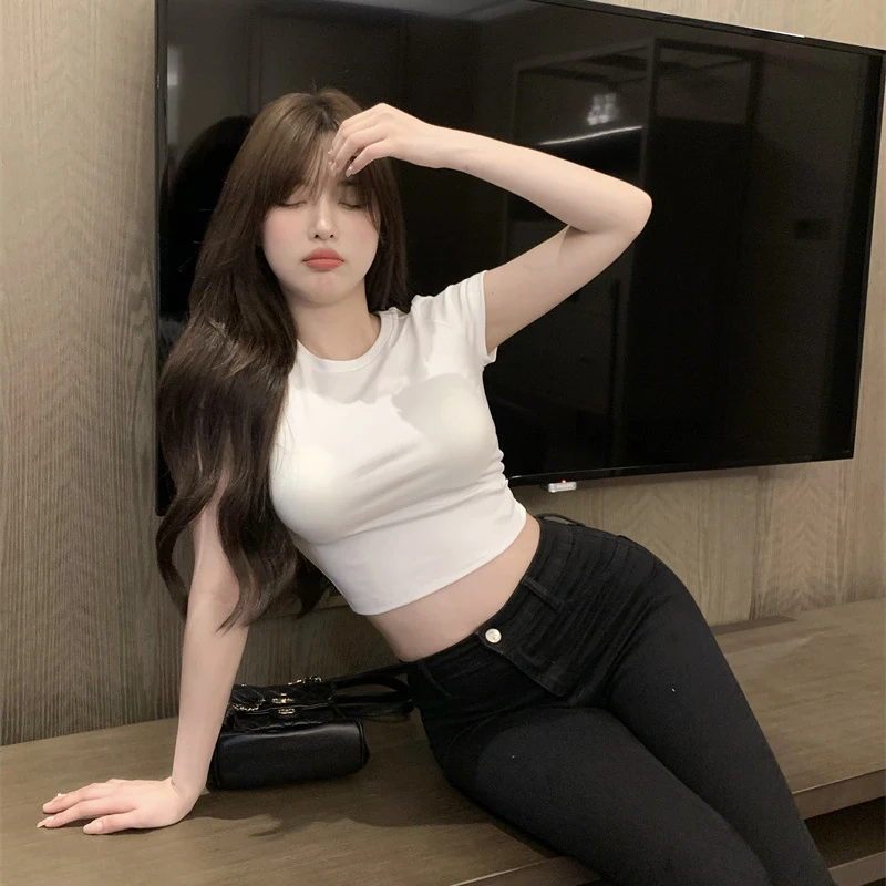 Szexi póló női nyári vékony póló női, egyszínű, rövid ujjú koreai Kpop vékony O-nyakú póló női ruhák Top943_voghion.com