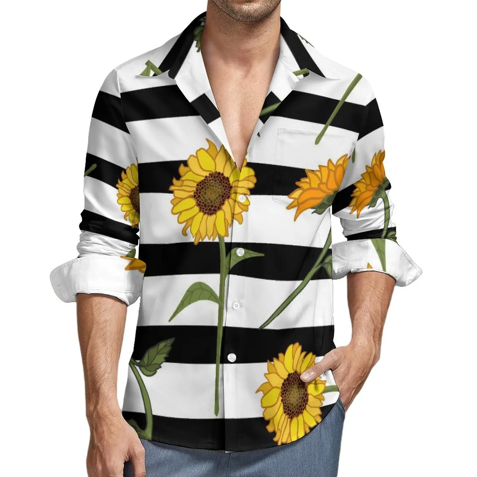 

Male Shirt Abstract Sunflower Seamless Pattern on Striped Casual Shirts Long Sleeve Y2K Funny Blouse Spring Retro Oversize Tops