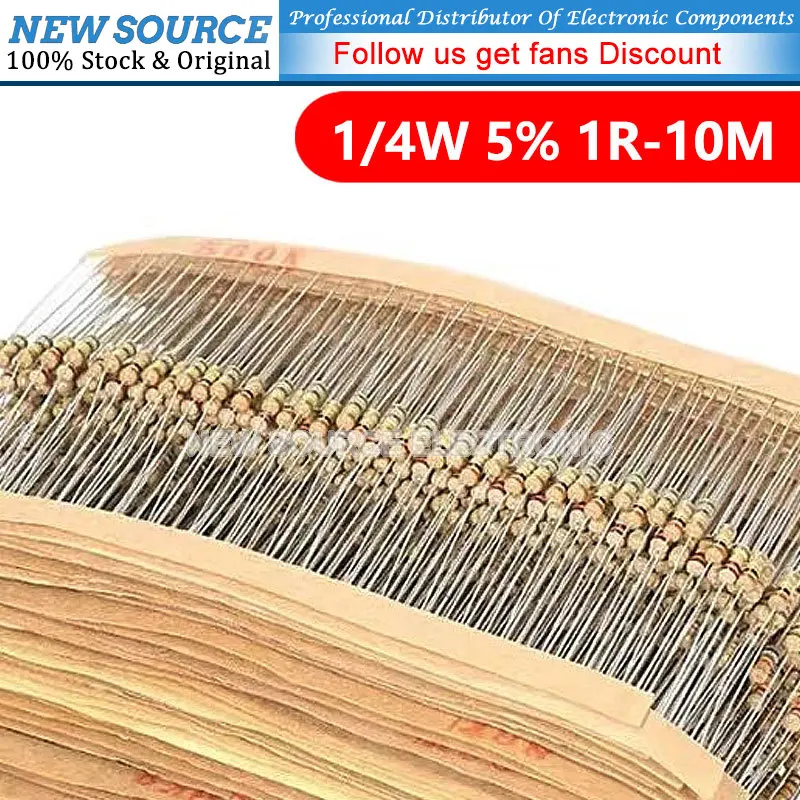 100pcs/lot 1/4W Carbon Film Resistor 5% 1R-10M 0R 10R 22R 47R 100R 220R 470R 1K 3.3K 10K 47K 100K 220K 47 100 150 Ohm 0.25W carbon film resistor