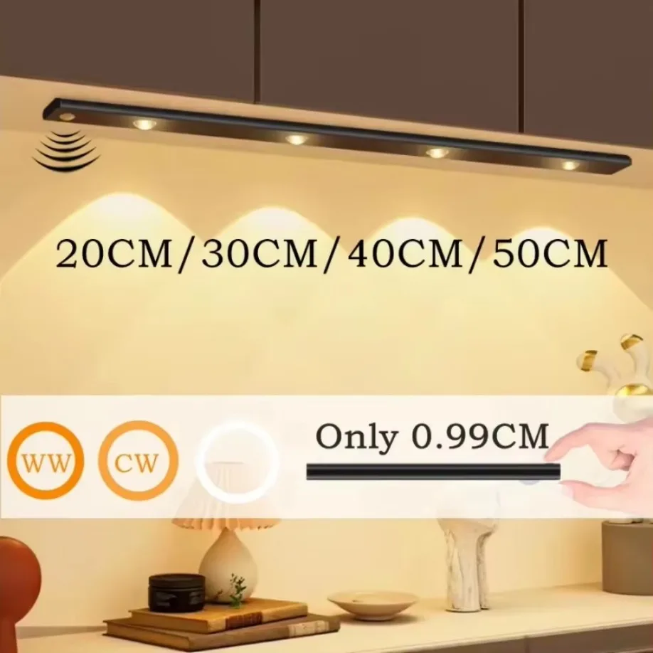 LED Night Light LED 3 Color Dimmable Motion Sensor Night Light For Kitchen Wardrobe Cabinet Lighting 30CM/40CM/50CM/60CM USB Rechargeable Lamp