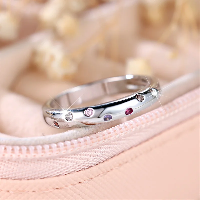 Cute Female Rainbow Zircon Stone Ring Trendy Silver Color Small Wedding Jewelry Gift For Women