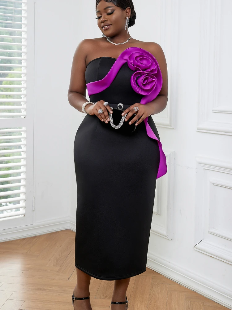 

Elegant Tube Tops Midi Dress for Women Black Patchwork Rose Flower Gown African Evening Formal Occasion Party Vestidos Summer