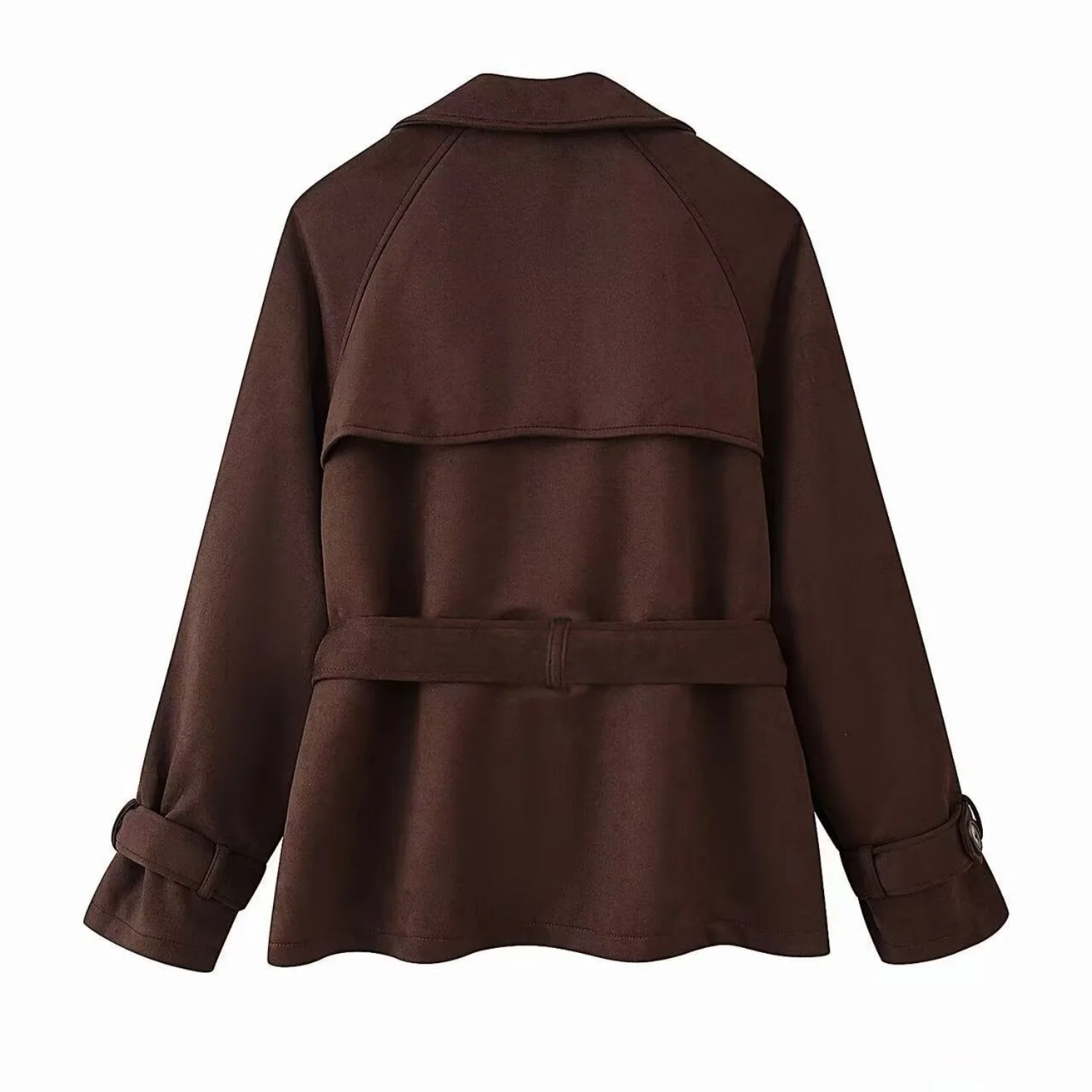 Women Retro Chic Brown Suede Cropped Trench Jacket With Belt Female Turn-Down Collar Lace-Up Autumn Winter Outerwear Lady Jacket
