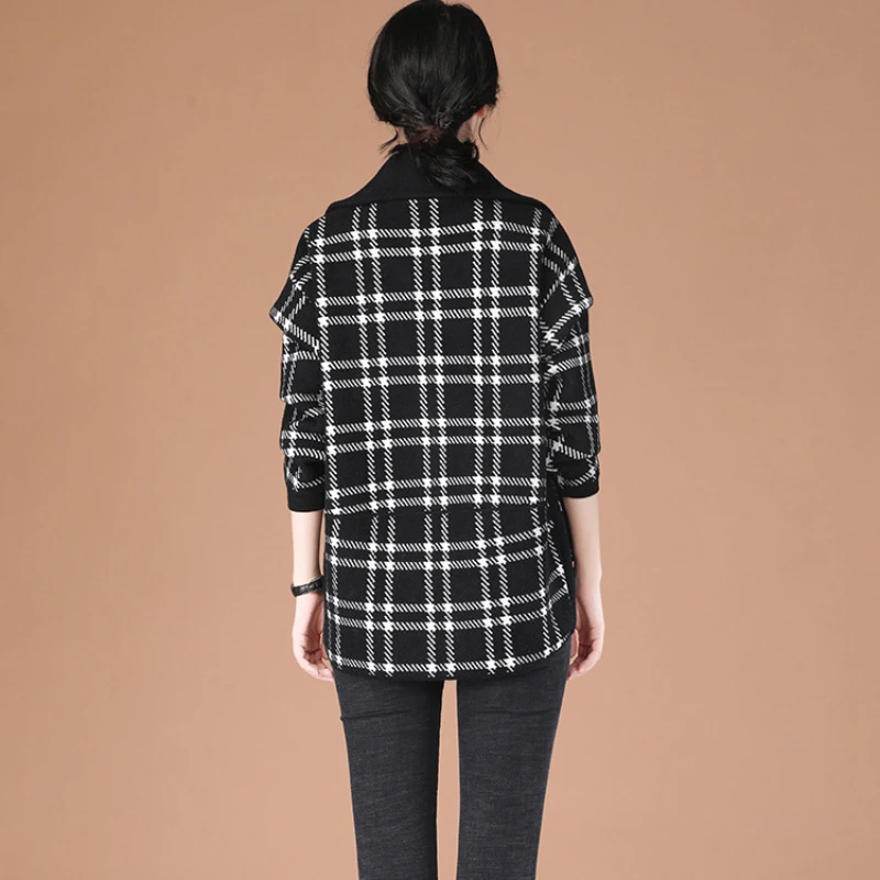 칼라 긴 격자 무늬 모직 코트 가을 겨울 2023 새로운 한국어 숙녀 폴리 에스터 두꺼운 코트 단추 사무용품 세 35-45