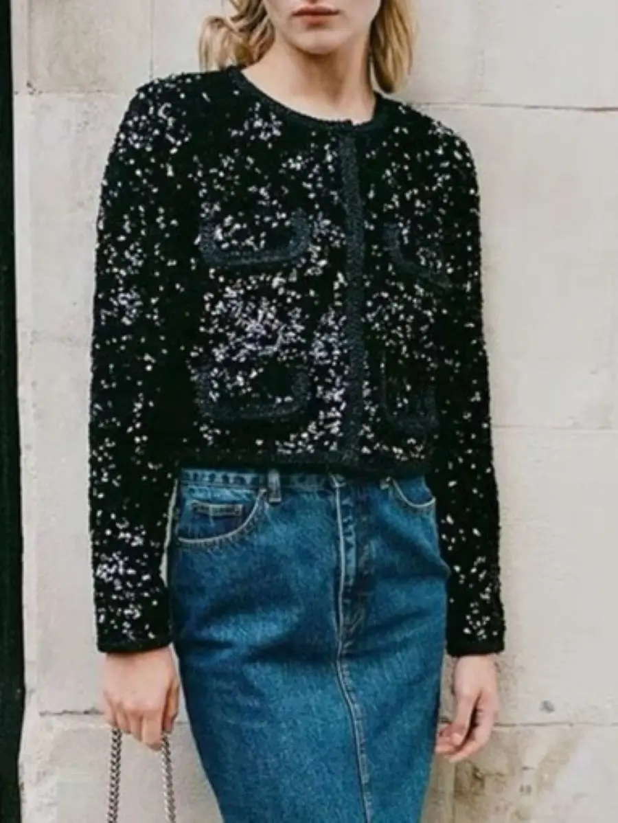 

Black Jacket for Women Sequins O-Neck Long Sleeve Single Breasted Vintage Autumn 2023 Coat