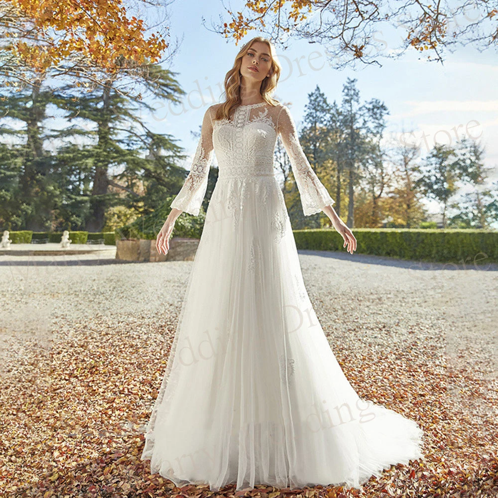 

Graceful Tulle Wedding Dresses Simple O Neck A Line Lace Appliques Bride Gowns Backless Modern Flare Sleeve Vestidos De Novia