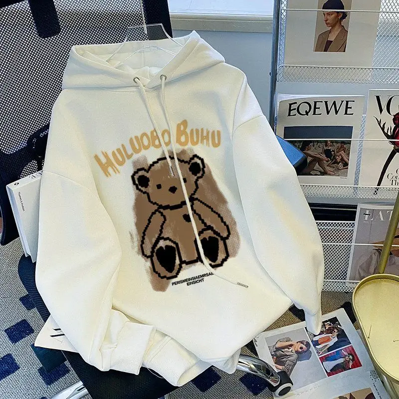 Autumn Bear Print Casual Hooded Sweatshirt For Men Women Japanese Hoodies Pullover Harajuku Fashion Y2K Streetwear 2023